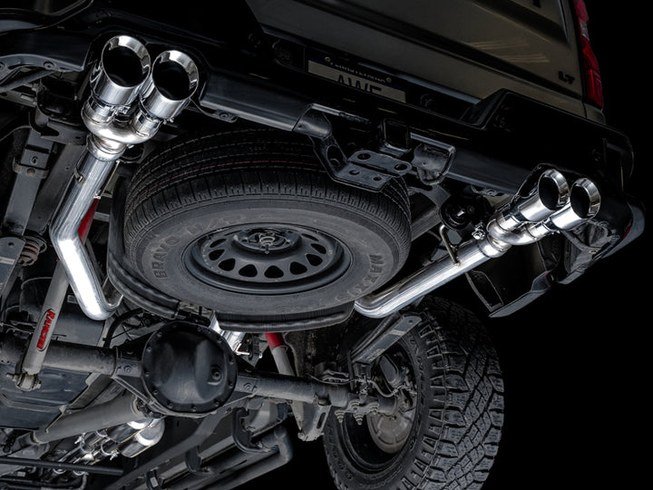 AWE Tuning 4th Gen GM 1500 6.2L 0FG Catback Split Rear Exit (w/ Bumper Cutouts) - Quad Chrome Tips - Bull Strap