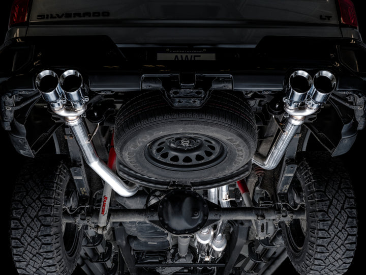AWE Tuning 4th Gen GM 1500 6.2L 0FG Catback Split Rear Exit (w/ Bumper Cutouts) - Quad Chrome Tips - Bull Strap
