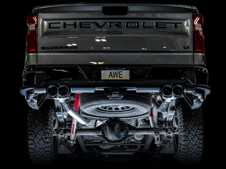 AWE Tuning 4th Gen GM 1500 6.2L 0FG Catback Split Rear Exit (w/ Bumper Cutouts) - Quad Chrome Tips - Bull Strap