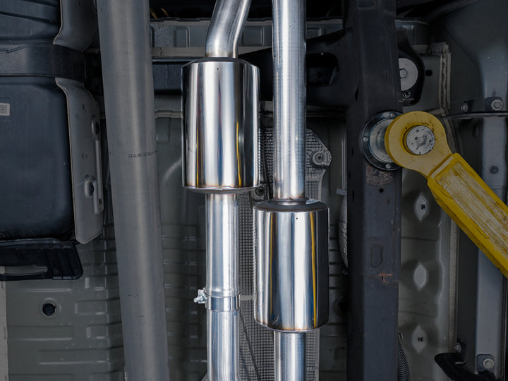 AWE Tuning 4th Gen GM 1500 6.2L 0FG Catback Split Rear Exit (w/ Bumper Cutouts) - Quad Chrome Tips - Bull Strap