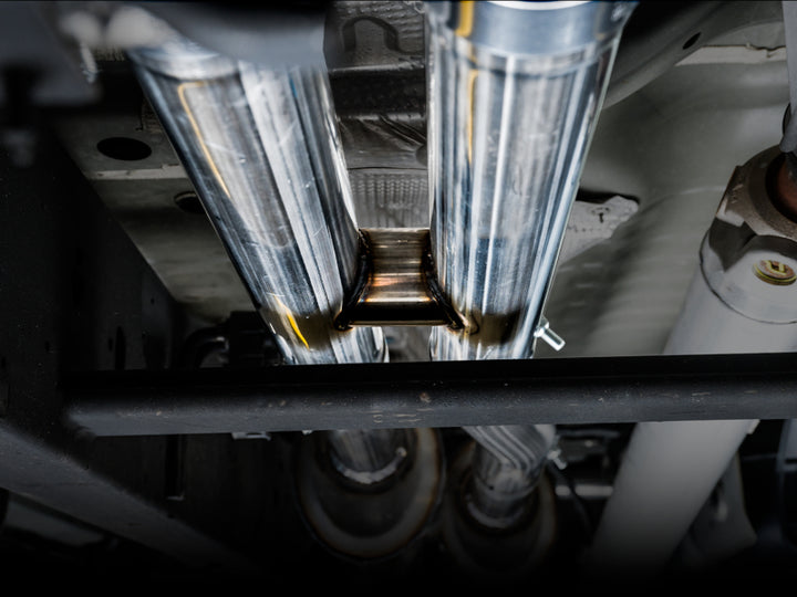 AWE Tuning 4th Gen GM 1500 6.2L 0FG Catback Split Rear Exit (w/ Bumper Cutouts) - Quad Chrome Tips - Bull Strap