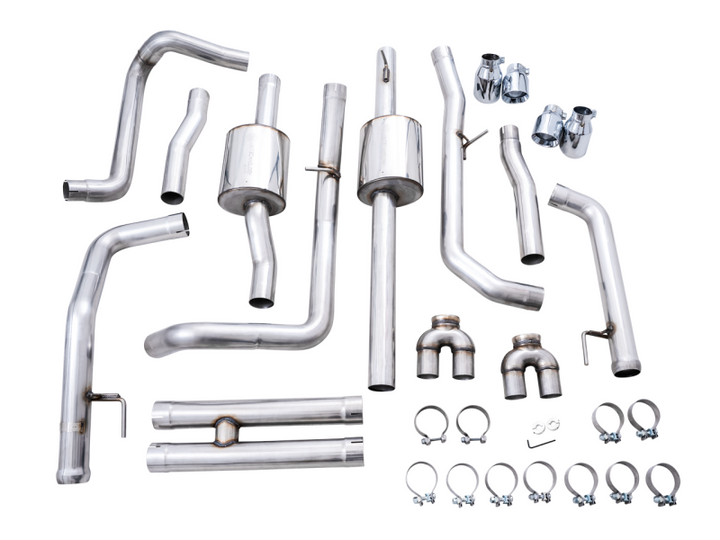 AWE Tuning 4th Gen GM 1500 6.2L 0FG Catback Split Rear Exit (w/ Bumper Cutouts) - Quad Chrome Tips - Bull Strap