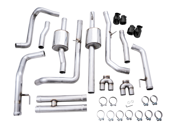 AWE Tuning 4th Gen GM 1500 6.2L 0FG Catback Split Rear Exit (w/ Bumper Cutouts) - Quad Diamond Tips - Bull Strap