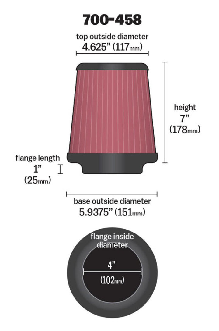 Airaid Universal Air Filter - Cone 4 x 7 x 4 5/8 x 7 w/ Short Flange - Bull Strap