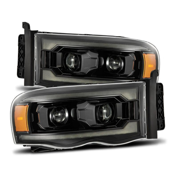 AlphaRex 02-05 Dodge Ram 1500 LUXX LED Proj Headlights Alpha Black w/Activ Light/Seq Signal - Bull Strap