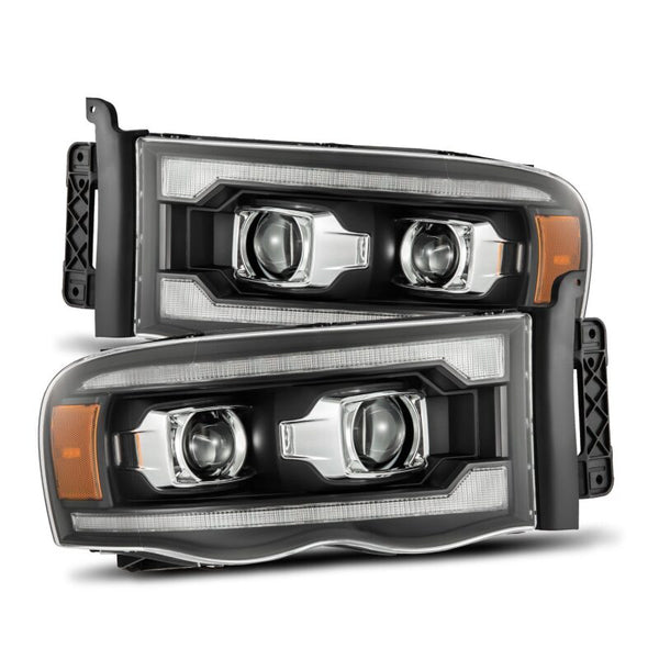 AlphaRex 02-05 Dodge Ram 1500 LUXX LED Proj Headlights Plank Style Black w/Activ Light/Seq Signal - Bull Strap