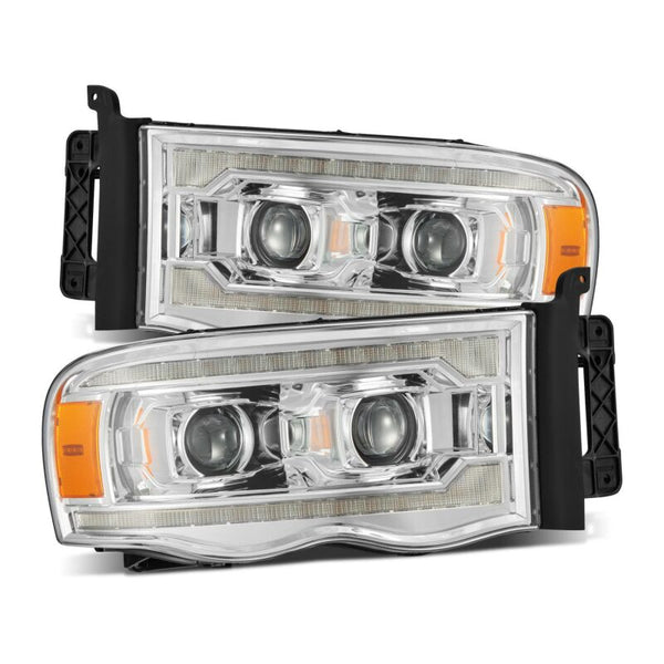 AlphaRex 02-05 Dodge Ram 1500 LUXX LED Proj Headlights Plank Style Chrome w/Activ Light/Seq Signal - Bull Strap