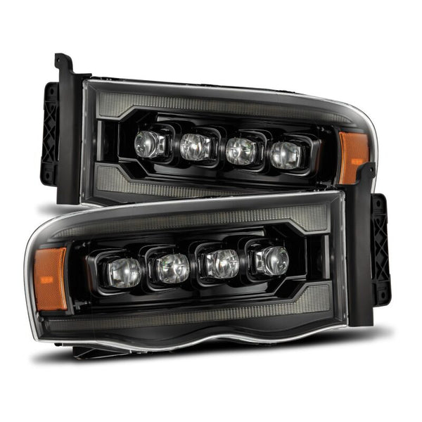 AlphaRex 02-05 Dodge Ram 1500 NOVA LED Proj Headlights Alpha Black w/Activ Light/Seq Signal - Bull Strap