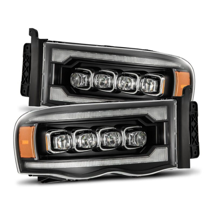 AlphaRex 02-05 Dodge Ram 1500 NOVA LED Proj Headlights Plank Style Blk w/Activ Light/Seq Signal - Bull Strap