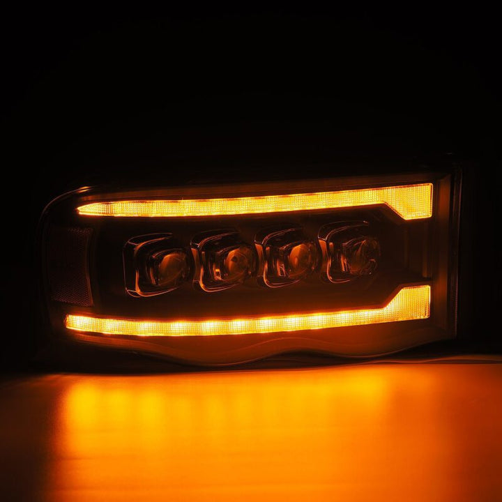 AlphaRex 02-05 Dodge Ram 1500 NOVA LED Proj Headlights Plank Style Blk w/Activ Light/Seq Signal - Bull Strap