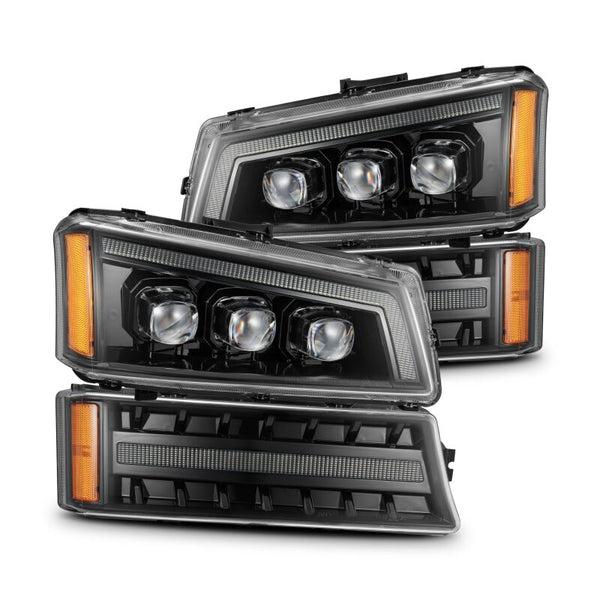 AlphaRex 03-06 Chevy Silverado 1500/2500HD/3500HD/Avalanche Alpha-Black NOVA LED Proj Headlights - Bull Strap