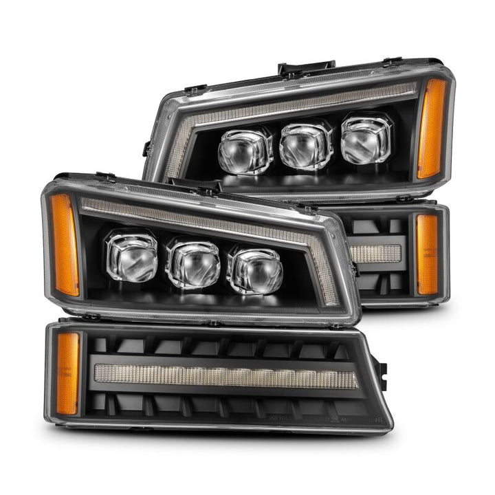 AlphaRex 03-06 Chevy Silverado 1500/2500HD/3500HD/Avalanche Black NOVA LED Proj Headlights - Bull Strap