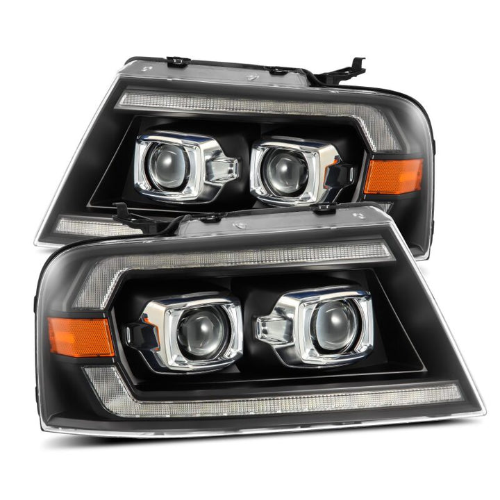 AlphaRex 04-08 Ford F150 PRO-Series Projector Headlights Alpha-Black w/ Sequential Signal and DRL - Bull Strap