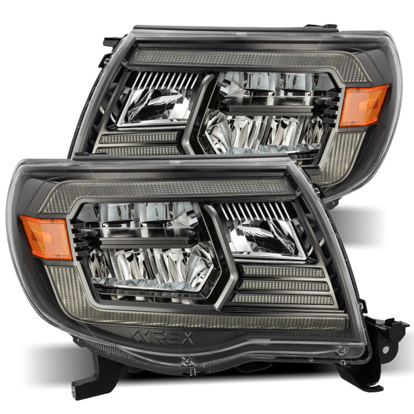AlphaRex 05-11 Toyota Tacoma LUXX Crystal Headlights Plank Style Alpha Black w/Activation Light/DRL - Bull Strap