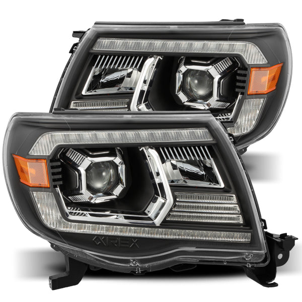 AlphaRex 05-11 Toyota Tacoma LUXX LED Projector Headlights Plank Style Black w/Activ Light and DRL - Bull Strap