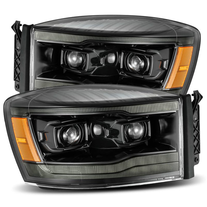 AlphaRex 06-08 Dodge Ram 1500HD LUXX LED Projector Headlights Plank Style Alpha Blk w/Seq Signal/DRL - Bull Strap