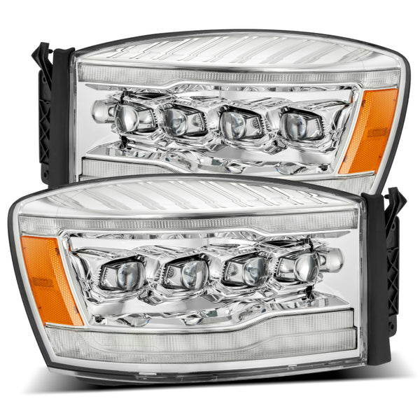 AlphaRex 06-08 Dodge Ram 1500HD NOVA LED Proj Headlights Plank Style Blk w/Seq Signal/DRL/Amber LED - Bull Strap