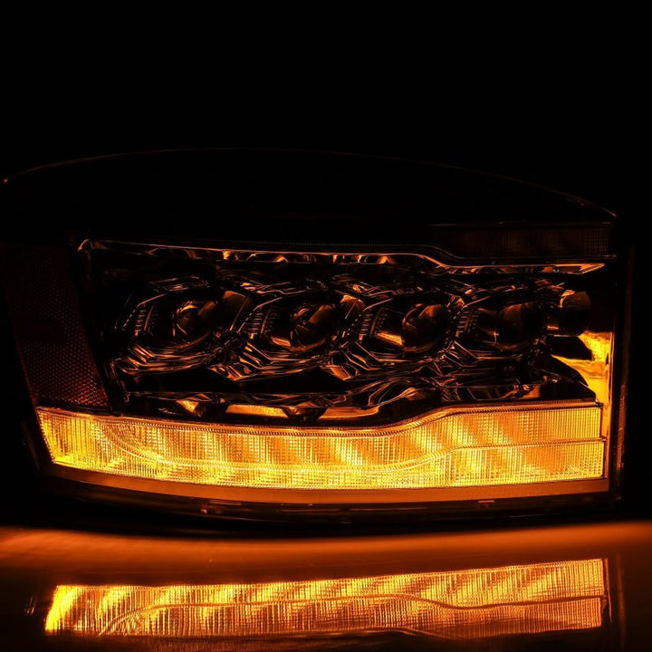 AlphaRex 06-08 Dodge Ram 1500HD NOVA LED Proj Headlights Plank Style Blk w/Seq Signal/DRL/Amber LED - Bull Strap