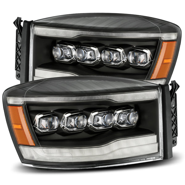 AlphaRex 06-08 Dodge Ram 1500HD NOVA LED ProjHeadlights Plank Style Blk w/Seq Signal/DRL/Amber LED - Bull Strap