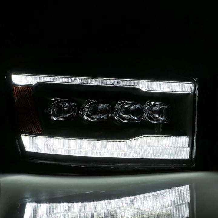 AlphaRex 06-08 Dodge Ram 1500HD NOVA LED ProjHeadlights Plank Style Blk w/Seq Signal/DRL/Amber LED - Bull Strap