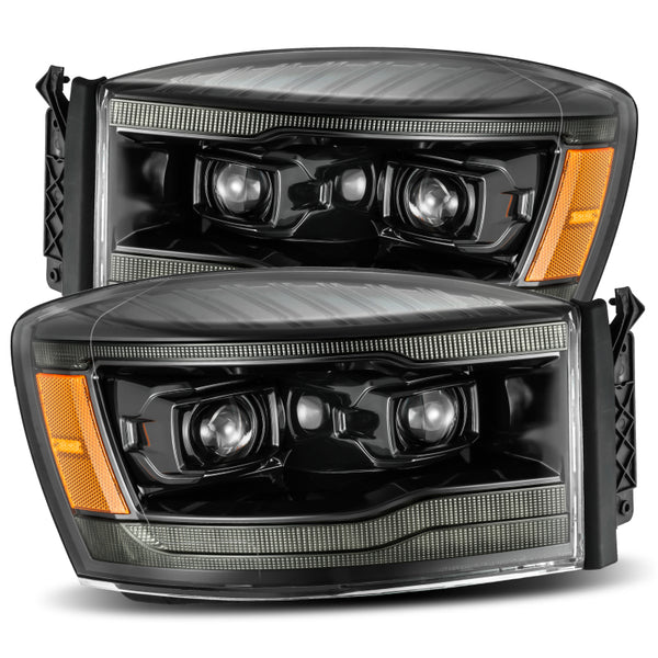 AlphaRex 06-08 Dodge Ram 1500HD PRO-Series Proj Headlights Plank Style Alpha Black w/Seq Signal/DRL - Bull Strap