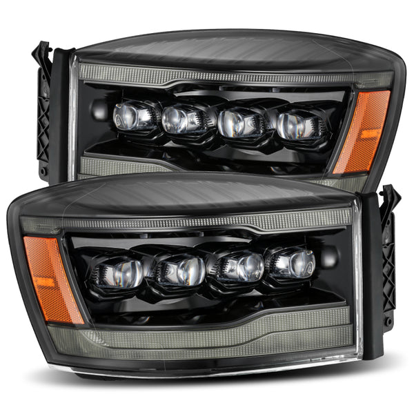 AlphaRex 06-08 Ram 1500HD NOVA LED Proj Headlights Plank Style Alpha Blk w/Seq Signal/DRL/Amber LED - Bull Strap