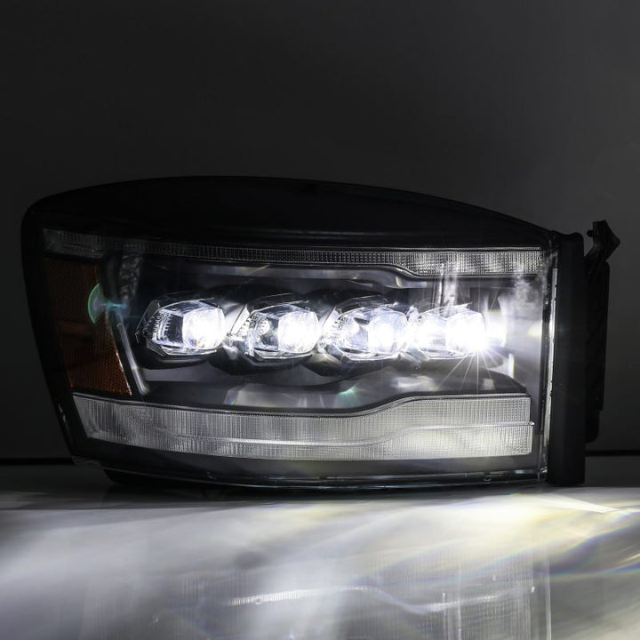 AlphaRex 06-08 Ram 1500HD NOVA LED Proj Headlights Plank Style Alpha Blk w/Seq Signal/DRL/Amber LED - Bull Strap