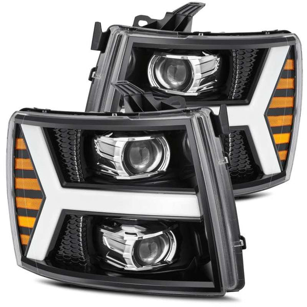 AlphaRex 07-13 Chevy 1500 LUXX LED Proj Headlights Plank Style Jet Blk w/ Activ Light/Seq Signal/DRL - Bull Strap