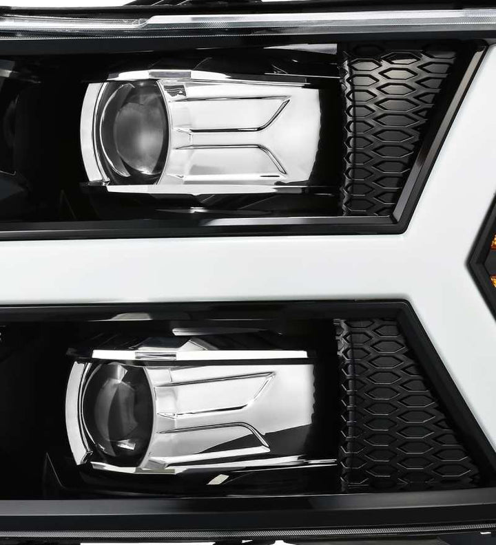 AlphaRex 07-13 Chevy 1500 LUXX LED Proj Headlights Plank Style Jet Blk w/ Activ Light/Seq Signal/DRL - Bull Strap