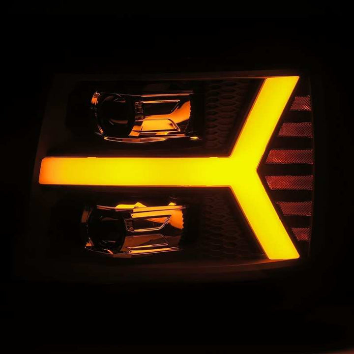 AlphaRex 07-13 Chevy 1500 LUXX LED Proj Headlights Plank Style Jet Blk w/ Activ Light/Seq Signal/DRL - Bull Strap