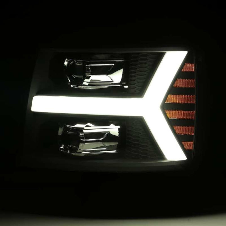AlphaRex 07-13 Chevy 1500 LUXX LED Proj Headlights Plank Style Jet Blk w/ Activ Light/Seq Signal/DRL - Bull Strap
