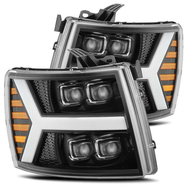 AlphaRex 07-13 Chevy 1500HD(NewBody) NOVA LED Proj Headlight Plank Sty Glos Blk w/Activ Lite/Seq Sig - Bull Strap