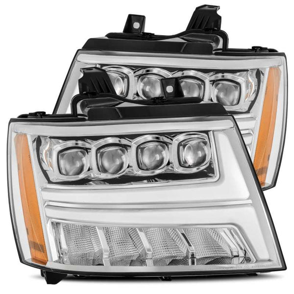 AlphaRex 07-13 Chevy Avalanche NOVA LED Proj Headlights Plank Style Design Chrome w/Activ Light/DRL - Bull Strap