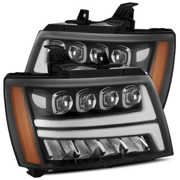 AlphaRex 07-13 Chevy Avalanche NOVA LED Proj Headlights Plank Style Gloss Black w/Activ Light/DRL - Bull Strap