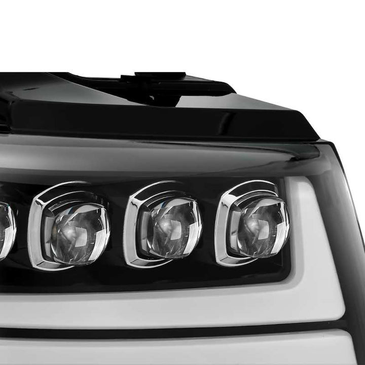 AlphaRex 07-13 Chevy Avalanche NOVA LED Proj Headlights Plank Style Gloss Black w/Activ Light/DRL - Bull Strap