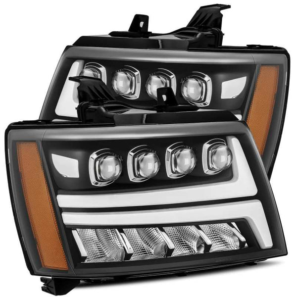 AlphaRex 07-13 Chevy Avalanche NOVA LED Proj Headlights Plank Style Matte Black w/Activ Light/DRL - Bull Strap
