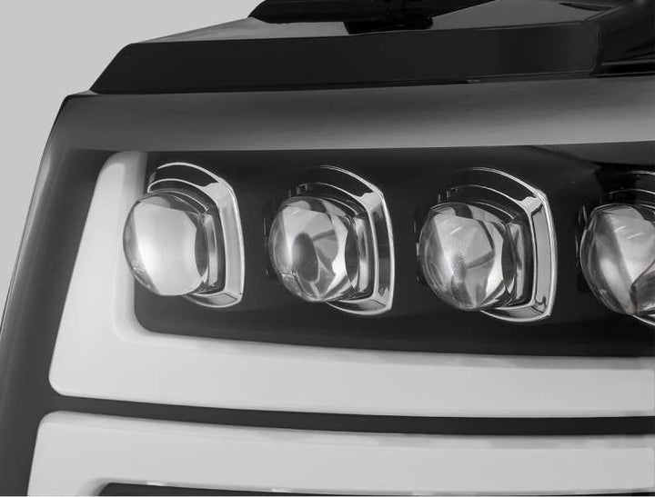AlphaRex 07-13 Chevy Avalanche NOVA LED Proj Headlights Plank Style Matte Black w/Activ Light/DRL - Bull Strap