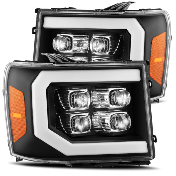AlphaRex 07-13 GMC 1500HD NOVA LED Proj Headlights Plank - Jet Black w/Activ Light/Seq Signal/DRL - Bull Strap