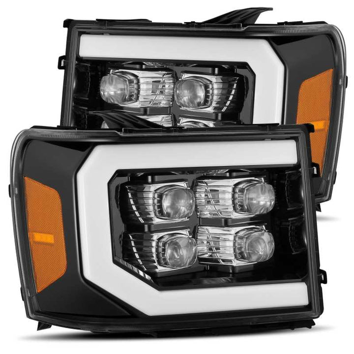 AlphaRex 07-13 GMC 1500HD NOVA LED Proj Headlights Plank - Jet Black w/Activ Light/Seq Signal/DRL - Bull Strap