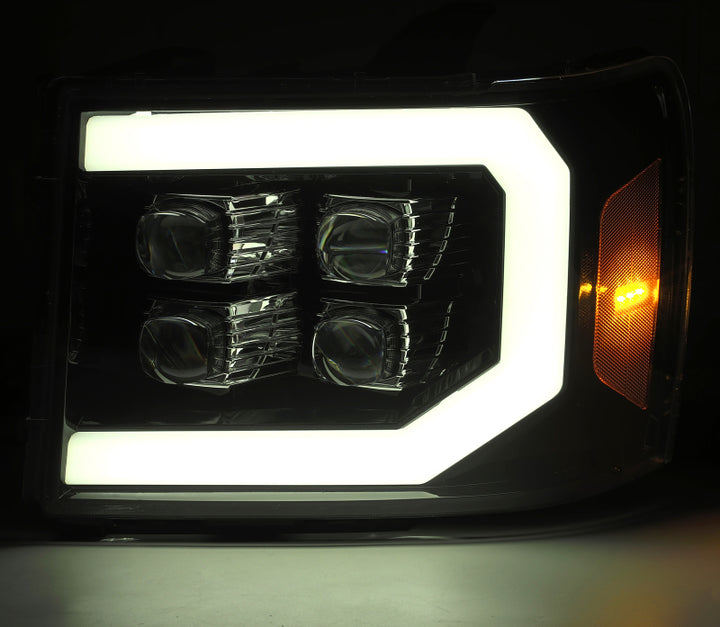 AlphaRex 07-13 GMC 1500HD NOVA LED Proj Headlights Plank - Jet Black w/Activ Light/Seq Signal/DRL - Bull Strap