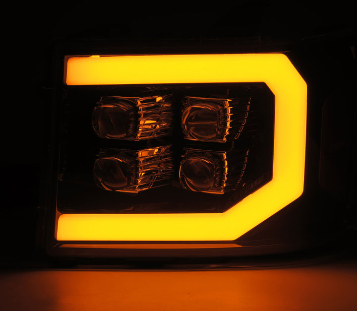 AlphaRex 07-13 GMC 1500HD NOVA LED Proj Headlights Plank - Jet Black w/Activ Light/Seq Signal/DRL - Bull Strap