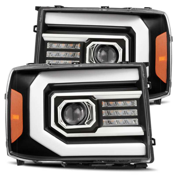 AlphaRex 07-13 GMC 1500HD PRO-Series Proj Headlights Plank Style Matte Blk w/Activ Light/Seq Signal - Bull Strap