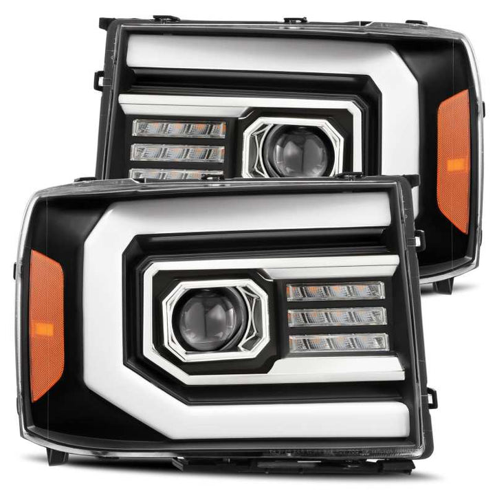 AlphaRex 07-13 GMC 1500HD PRO-Series Proj Headlights Plank Style Matte Blk w/Activ Light/Seq Signal - Bull Strap