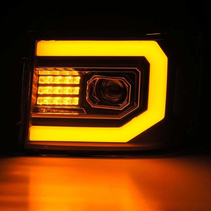 AlphaRex 07-13 GMC 1500HD PRO-Series Proj Headlights Plank Style Matte Blk w/Activ Light/Seq Signal - Bull Strap