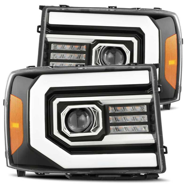 AlphaRex 07-13 GMC Sierra 1500 (No Clsc) LUXX-Series LED Proj HL Jet Blk w/Actv Lgt & Seq.Sig / DRL - Bull Strap