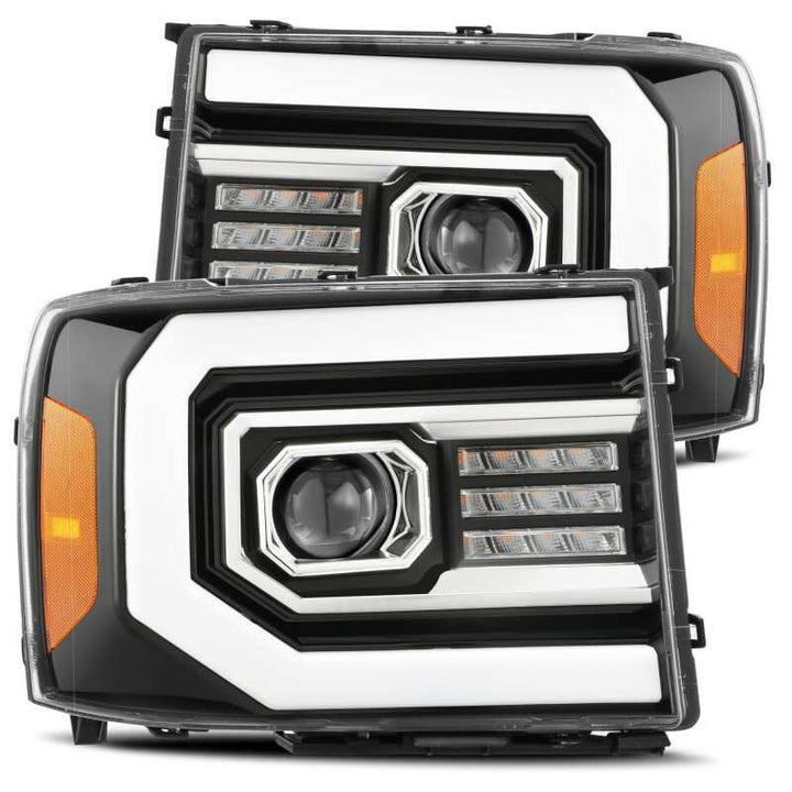 AlphaRex 07-13 GMC Sierra 1500 (No Clsc) LUXX-Series LED Proj HL Jet Blk w/Actv Lgt & Seq.Sig / DRL - Bull Strap