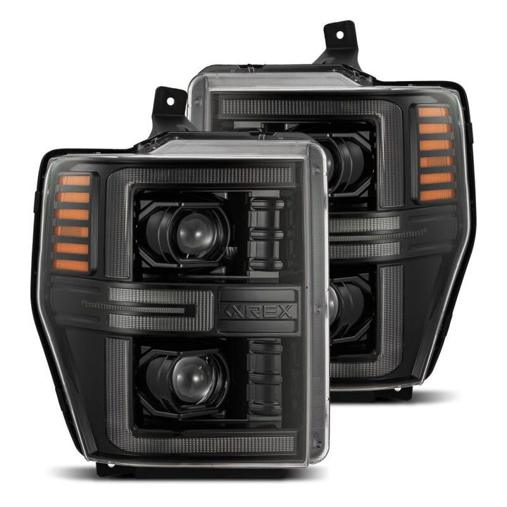 AlphaRex 08-10 Ford F250-550 LUXX-Series LED Projector Headlights Alpha-Blk w/Activ Light/Seq Signal - Bull Strap