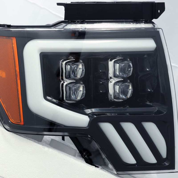 AlphaRex 09-14 Ford F-150 NOVA LED Proj Headlights Plank Style Gloss Black w/Activ Light/Seq Signal - Bull Strap