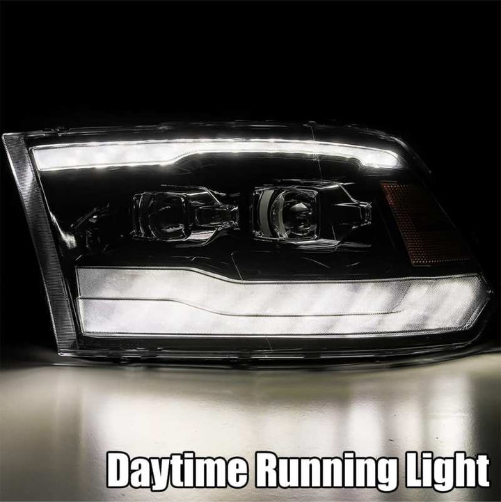AlphaRex 09-18 Dodge Ram 1500 PRO-Series Projector Headlights Plank Style Alpha Blk w/Seq Signal/DRL - Bull Strap