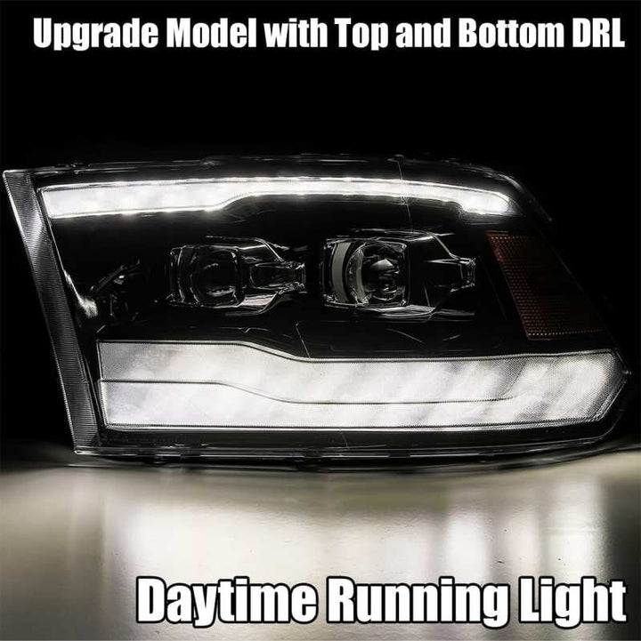 AlphaRex 09-18 Dodge Ram 1500HD LUXX LED Proj Headlights Plnk Style Blk w/Activ Light/Seq Signal/DRL - Bull Strap